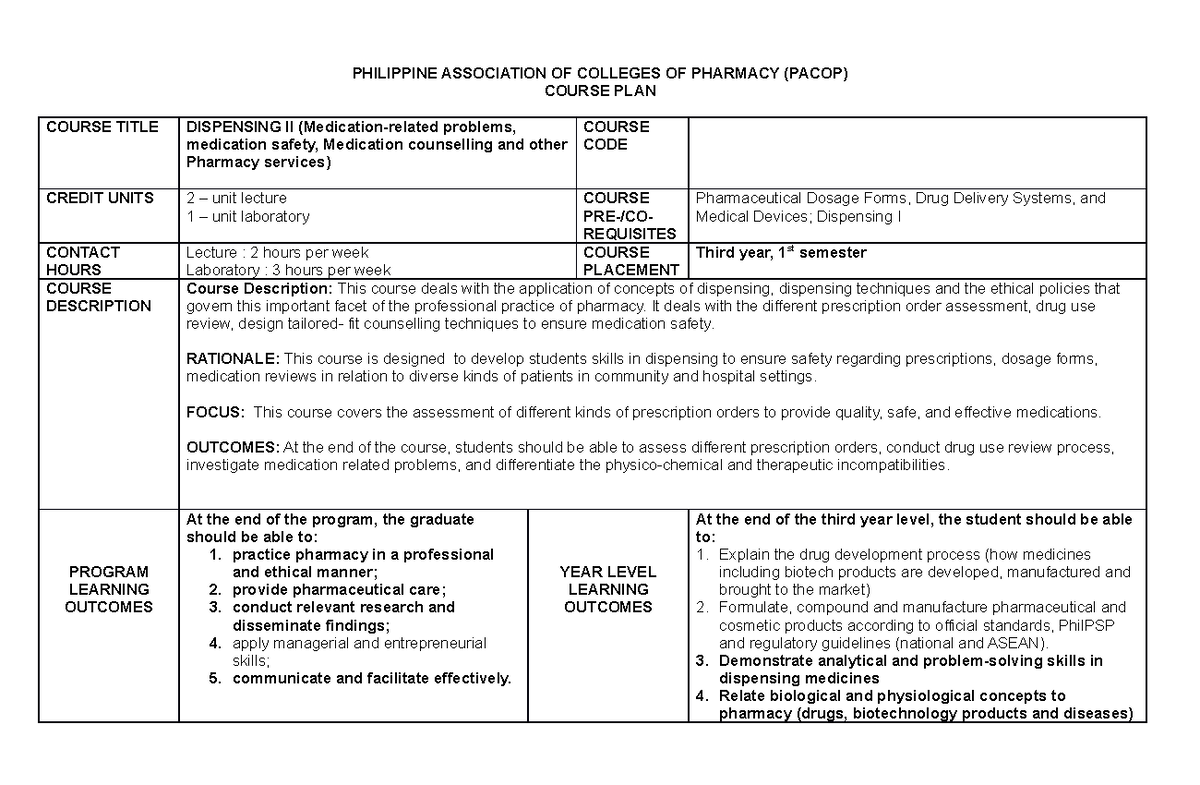 Dispensing II Course Plan Overview (Pharmacy 2020) - Studocu