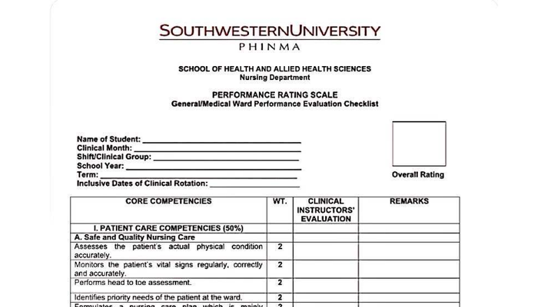 NURS 101: Ward Performance Evaluation Checklist and Rating Scale - Studocu