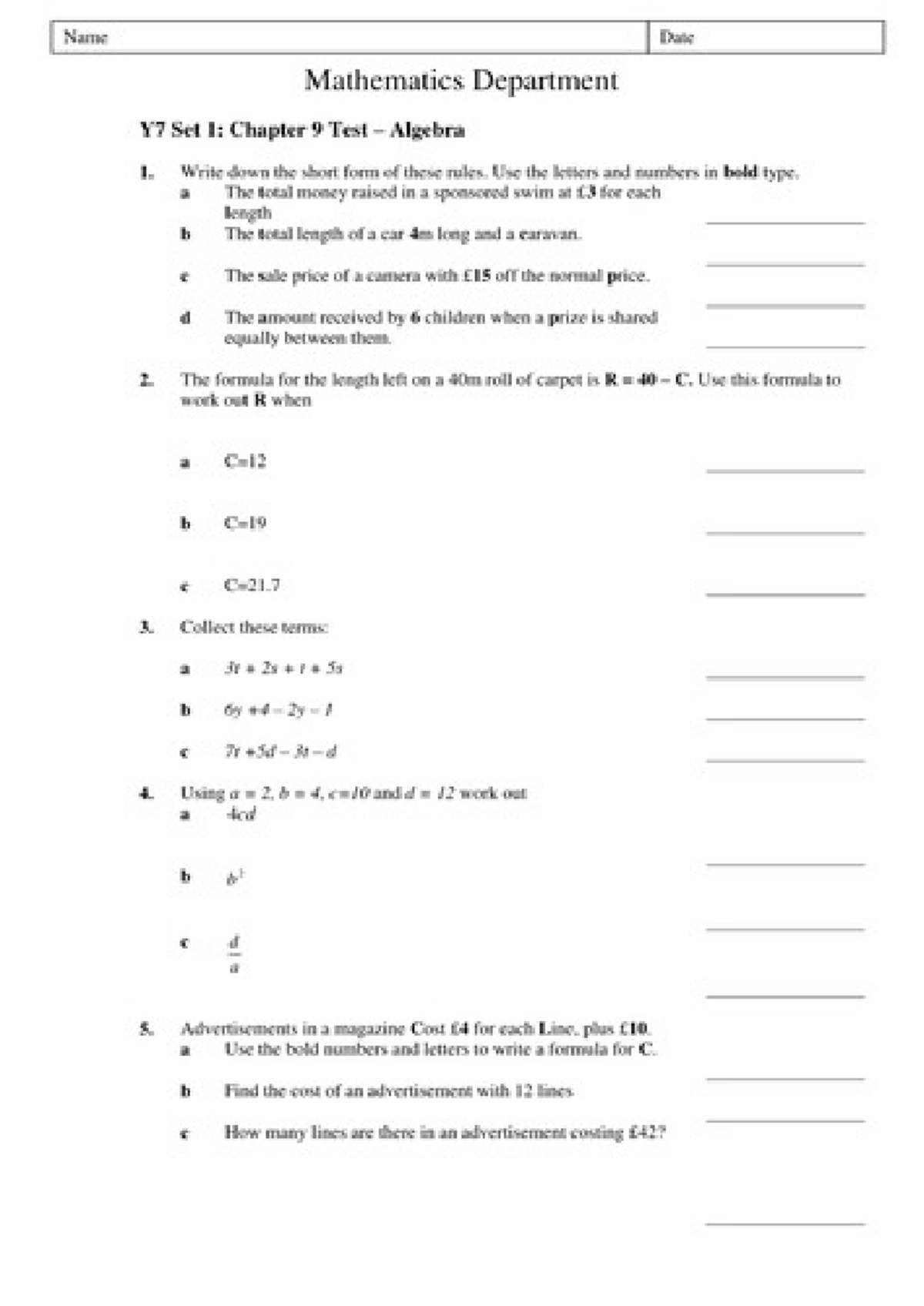 Math practice worksheet - Name Date Mathematics Department Y7 Set I ...