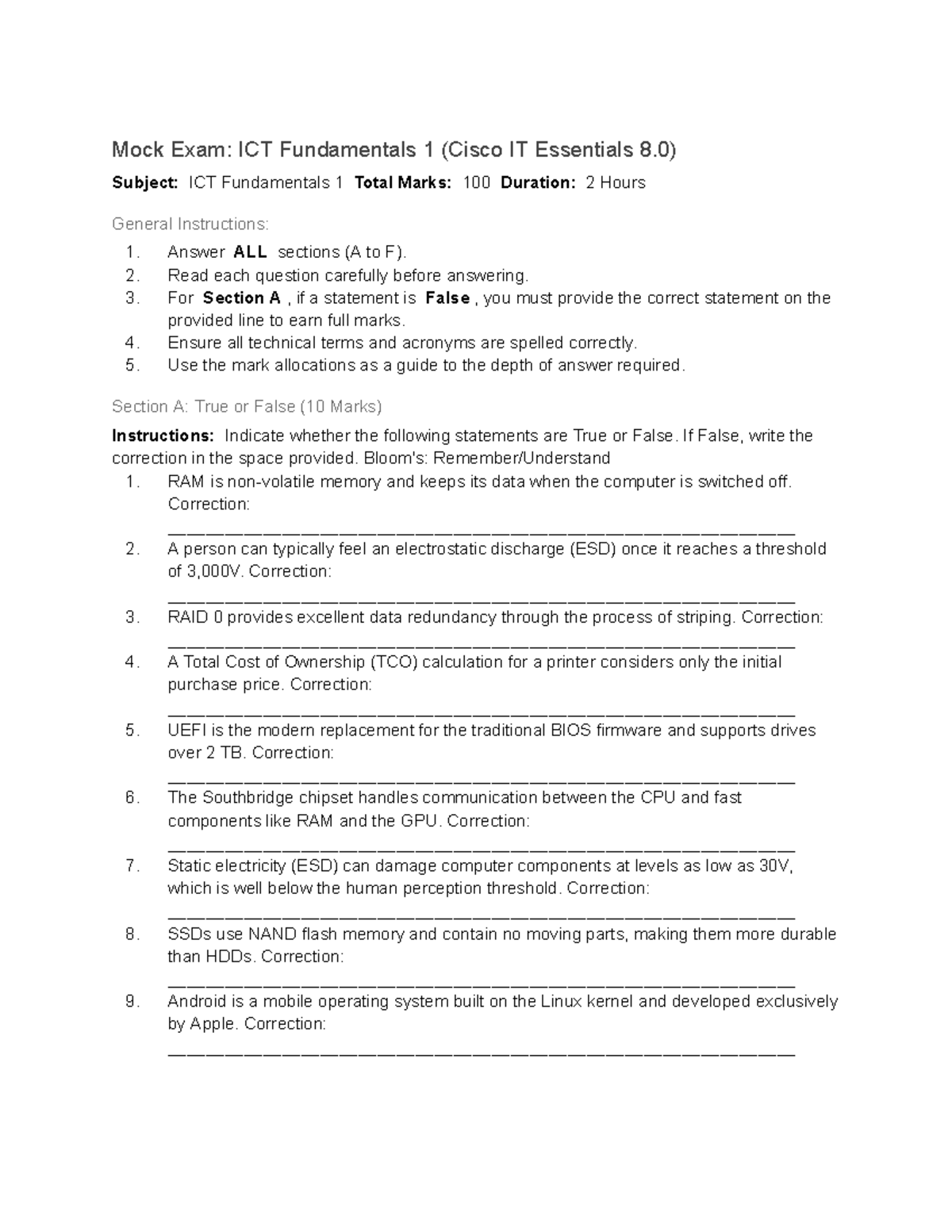 Mock Exam: ICT Fundamentals 1 (Cisco IT Essentials 8.0) - Studocu