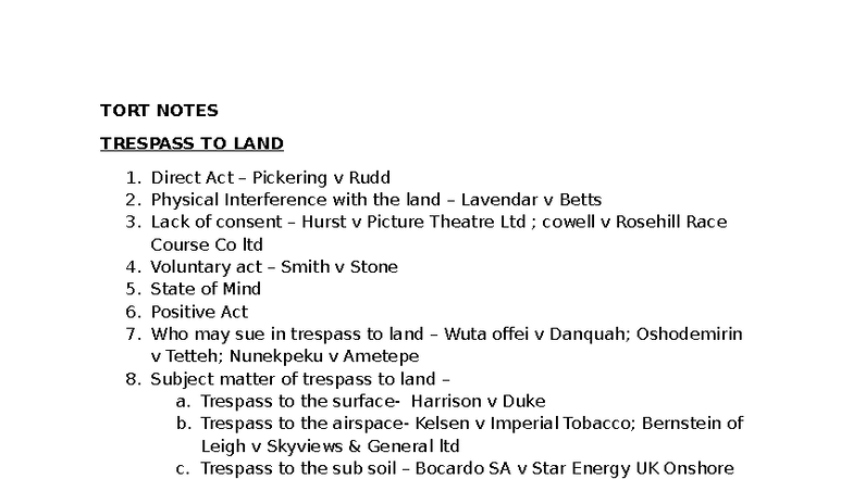 TORT Notes: Trespass to Land & Chattels Overview 25 - Studocu