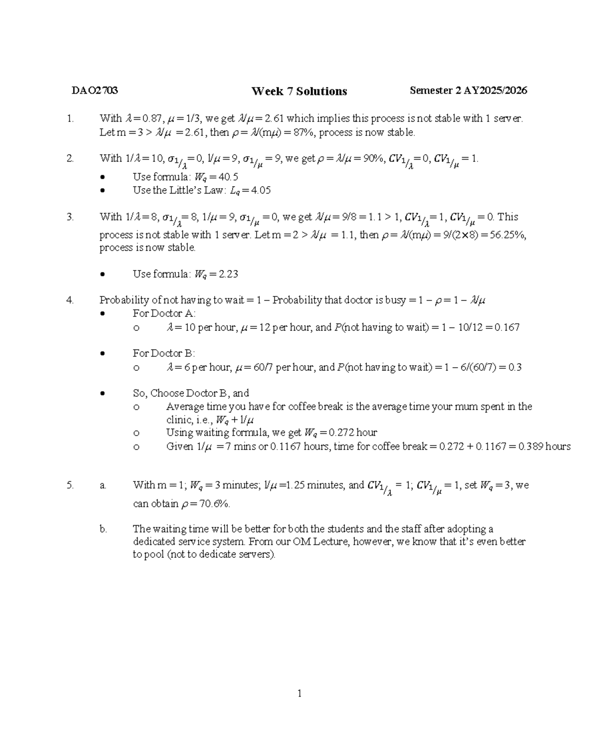 Week 7 Solutions for DAO2703: Stability and Waiting Time Analysis - Studocu