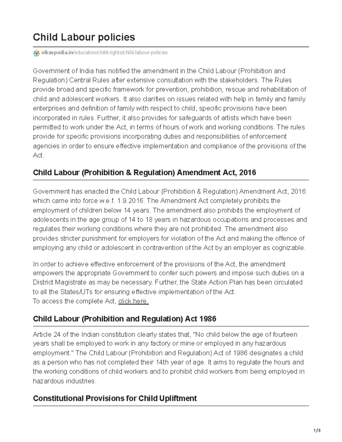 Child Labour Policies & Legal Framework in India: An Overview - Studocu