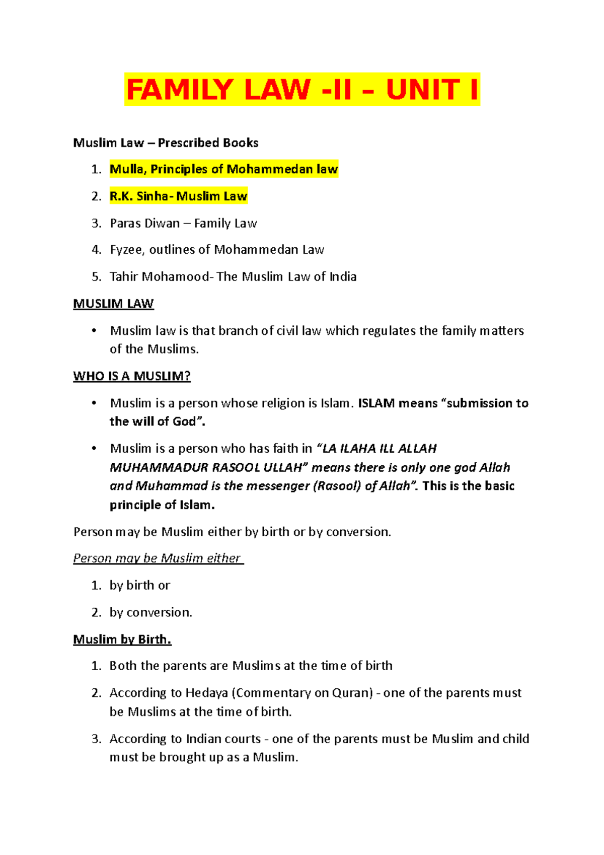 Family Law II - Unit I Notes on Muslim Law and Historical Development ...