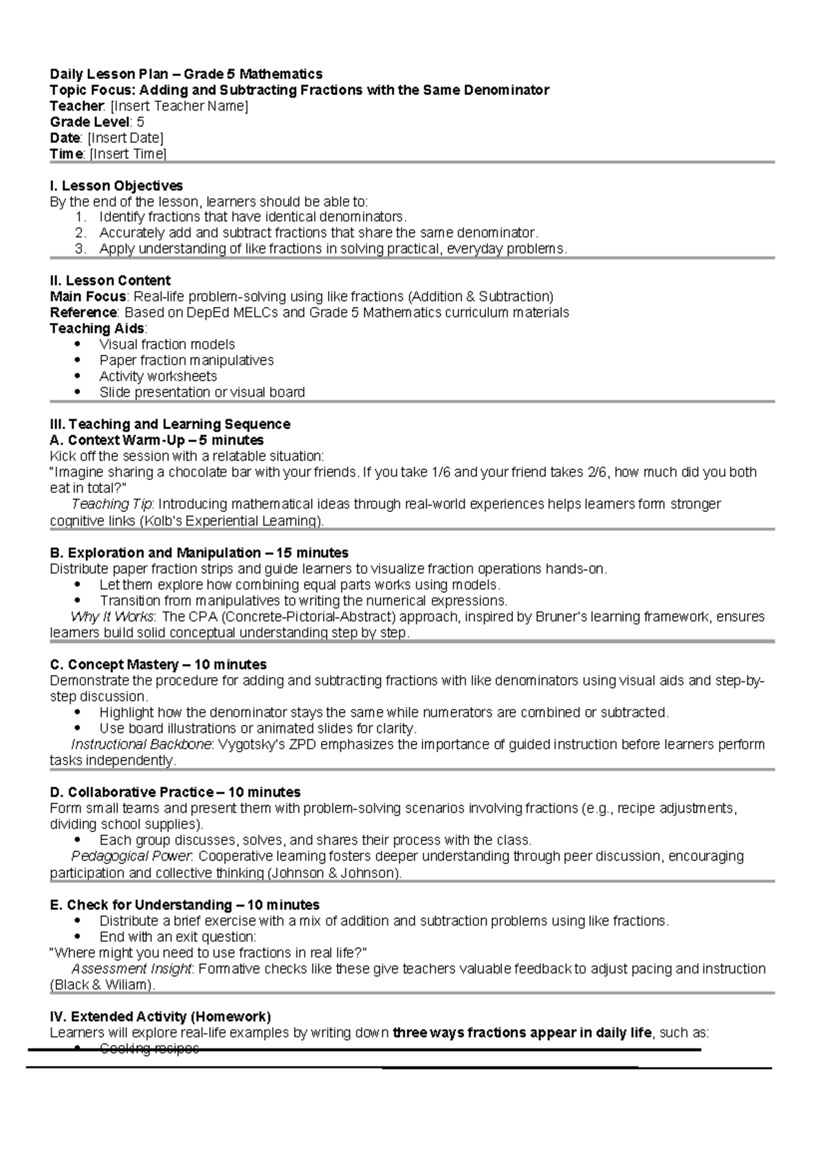 Grade 5 Math Lesson Plan: Adding & Subtracting Like Fractions - Studocu