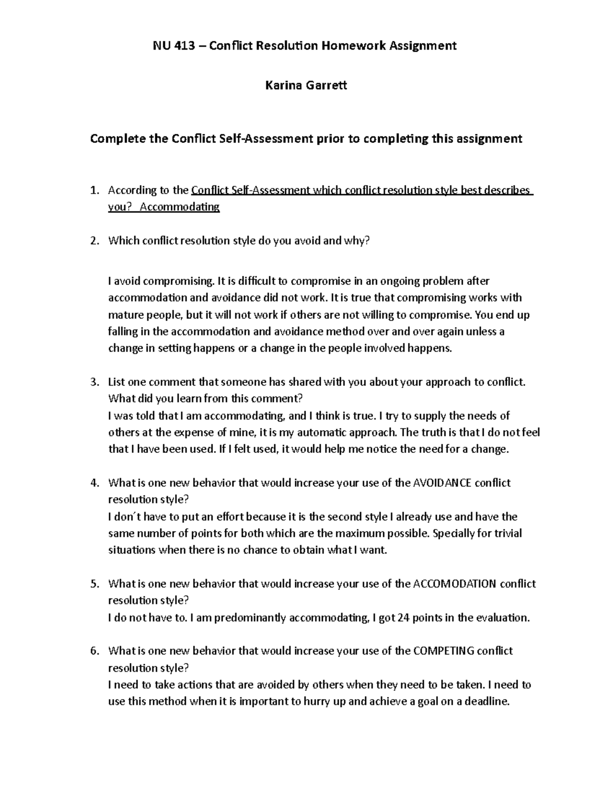 NU 413 Conflict Resolution Homework Assignment Analysis and Insights ...
