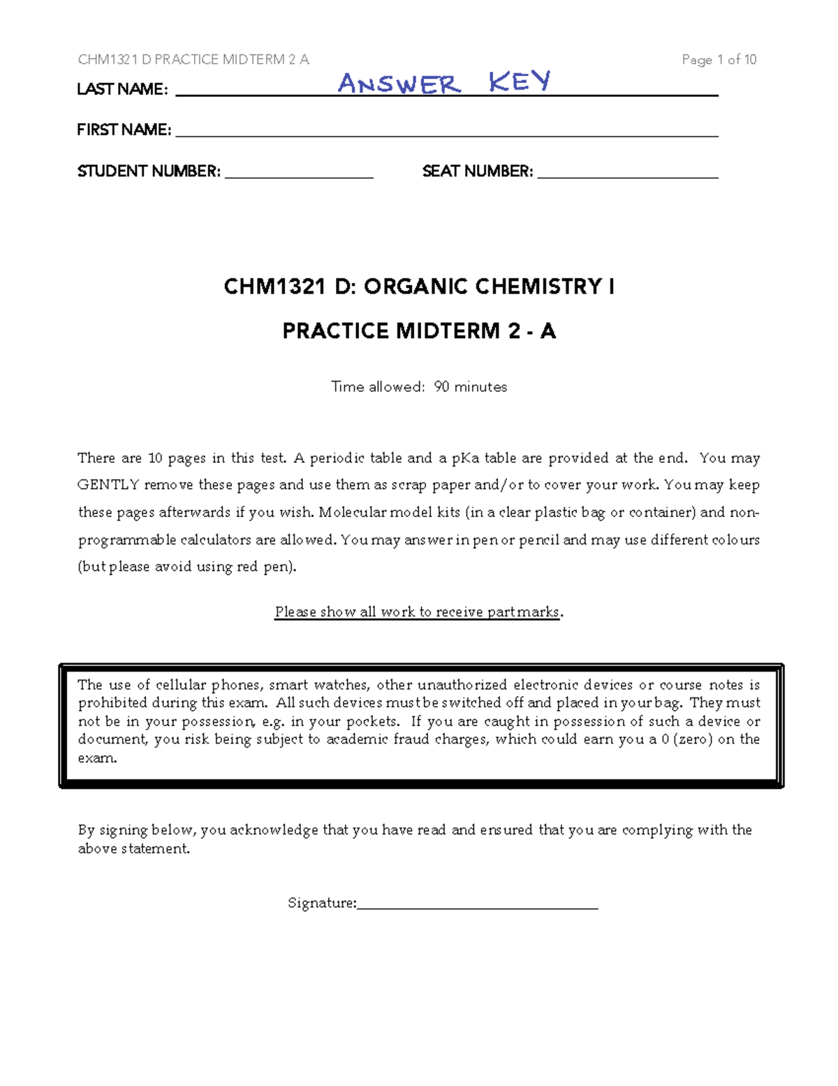 CHM1321 D: Practice Midterm 2-A Key for Organic Chemistry I - Studocu