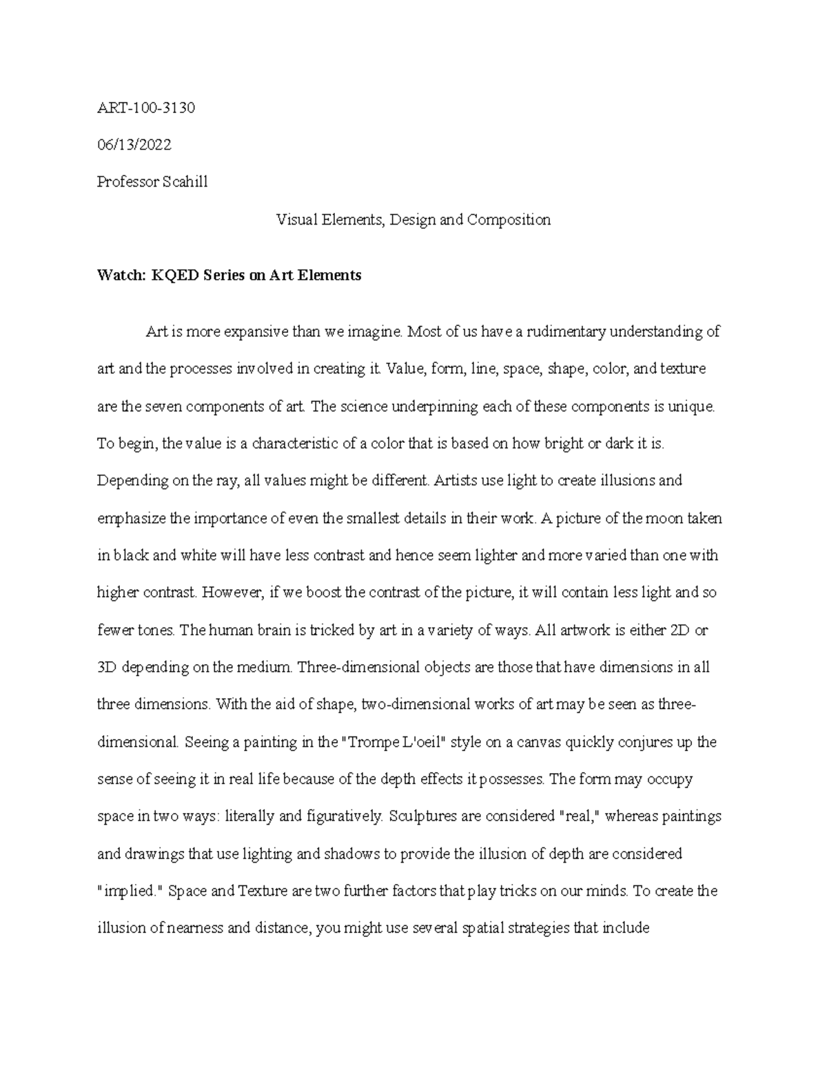 ART-100 Midterm Unit 2 Commentary on Visual Elements and Composition ...