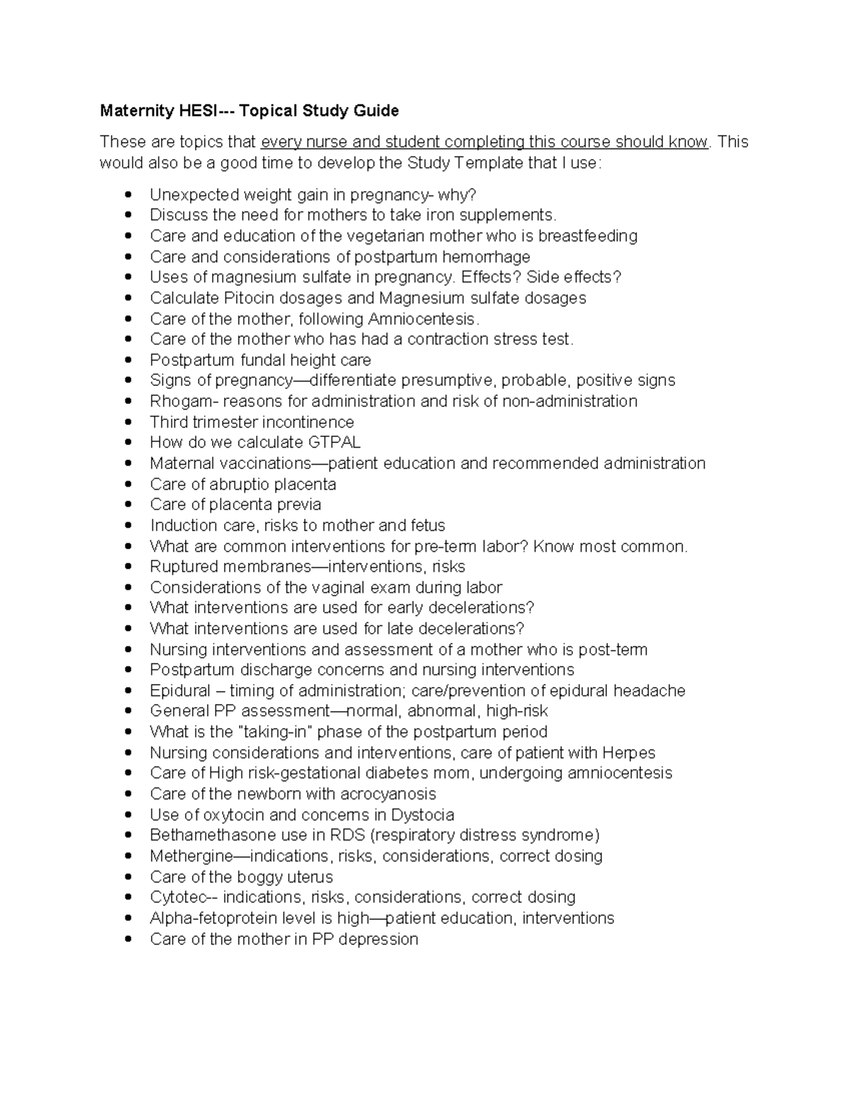 Maternity HESI Topical Study Guide Arline 2022 - Maternity HESI ...