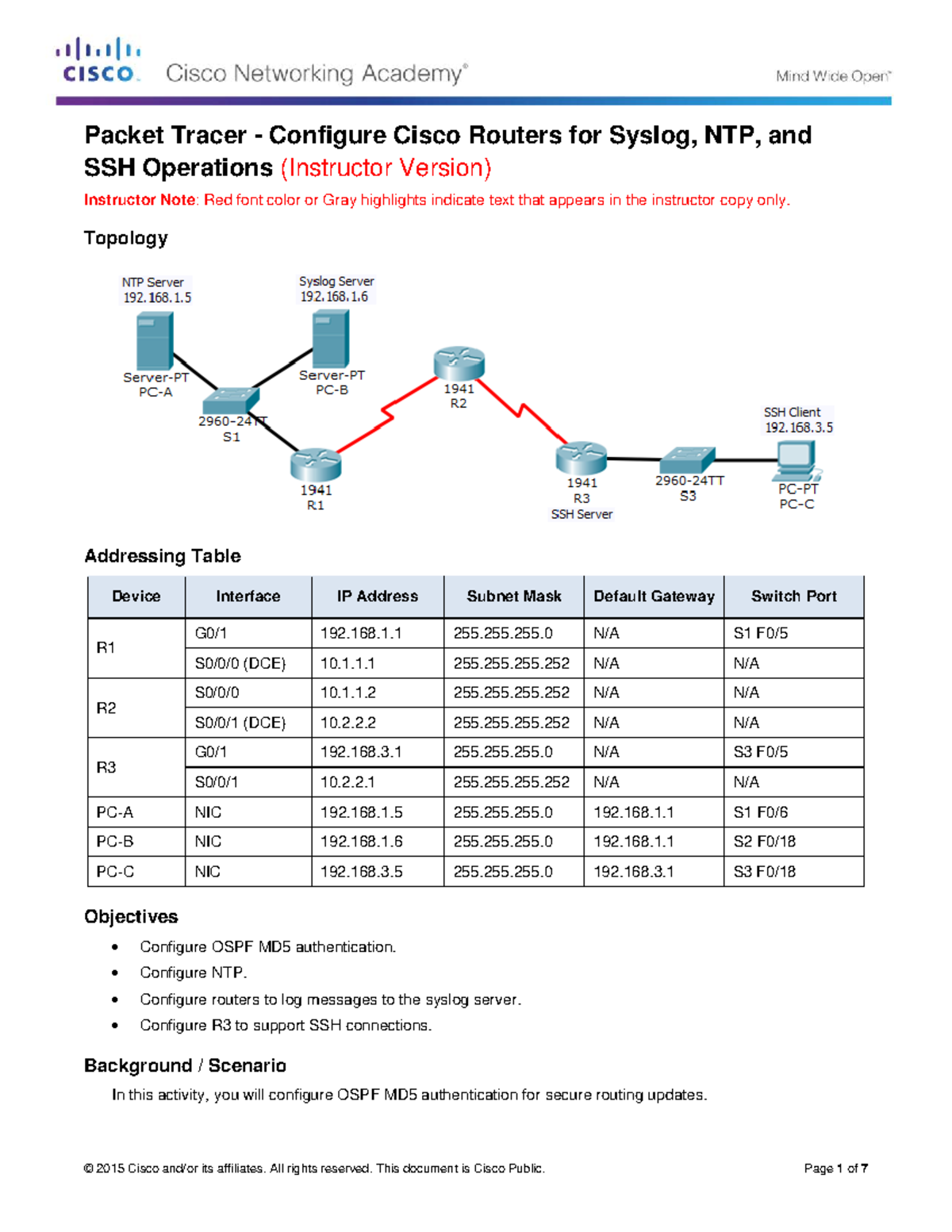 2.6.1.3 Packet Tracer - Configure Cisco Routers for Syslog, NTP, SSH ...