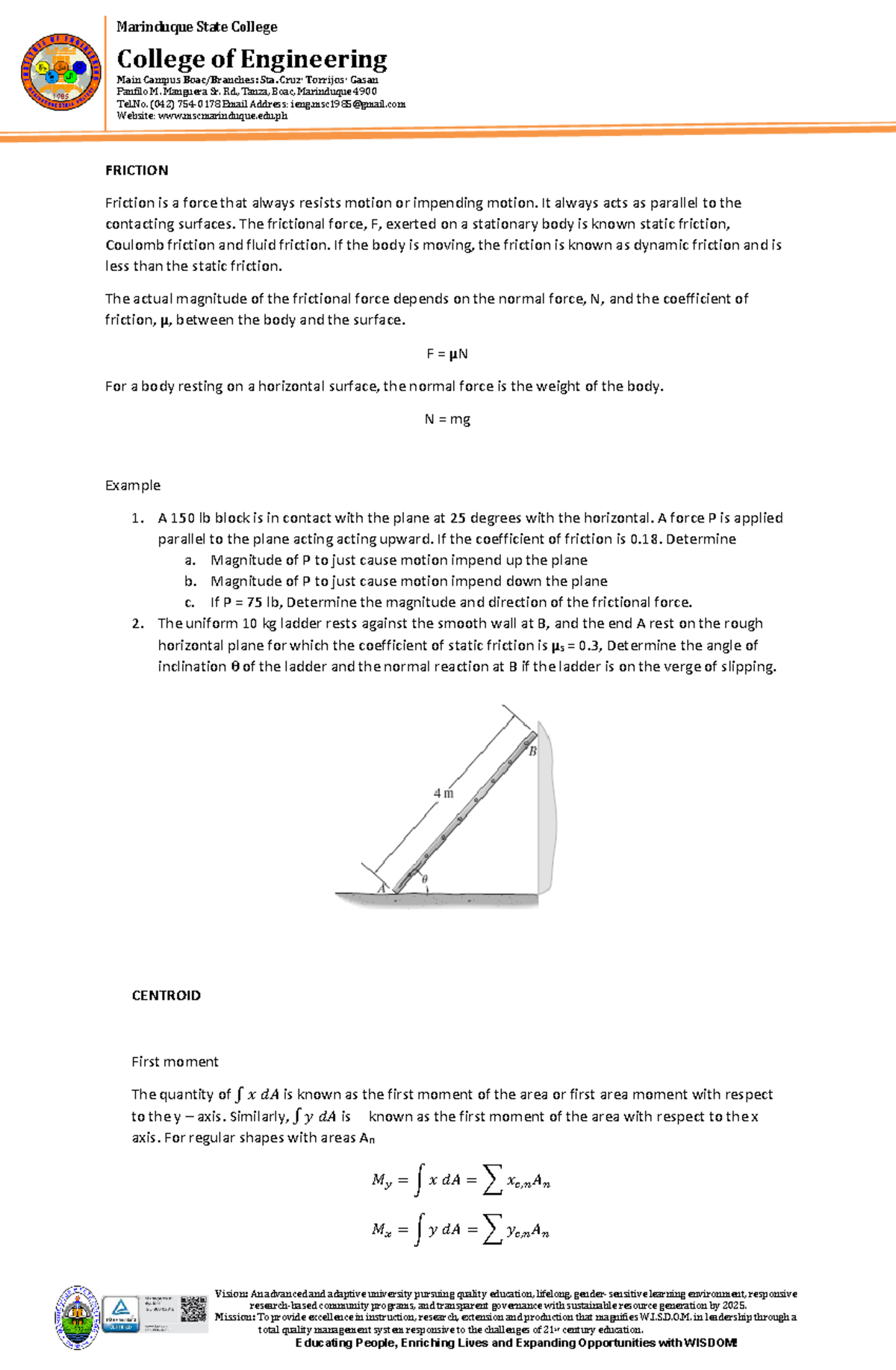 Statics - FRICTION and CENTROID Concepts Explained - Studocu