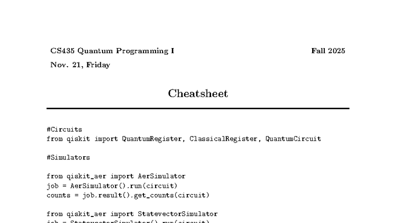 CS435 Fall 2025 Midterm Cheat Sheet on Quantum Programming - Studocu