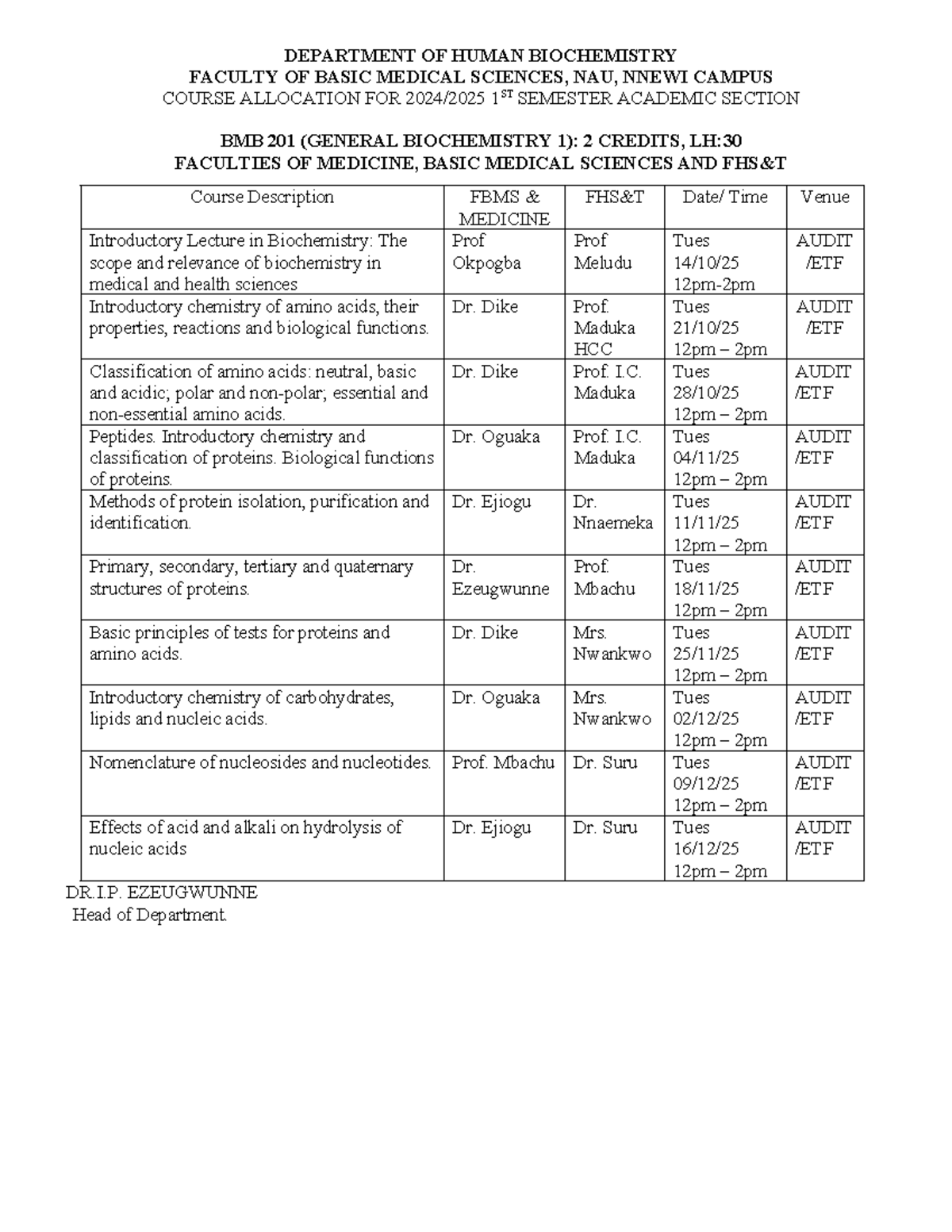 BCH 1ST Semester Lecture Schedule: Biochemistry Courses Overview - Studocu