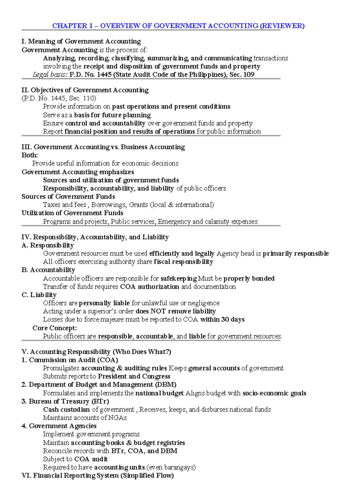 CHAPTER 1 & 2 REVIEWER ON GOVERNMENT ACCOUNTING (GOV-ACC) - Studocu
