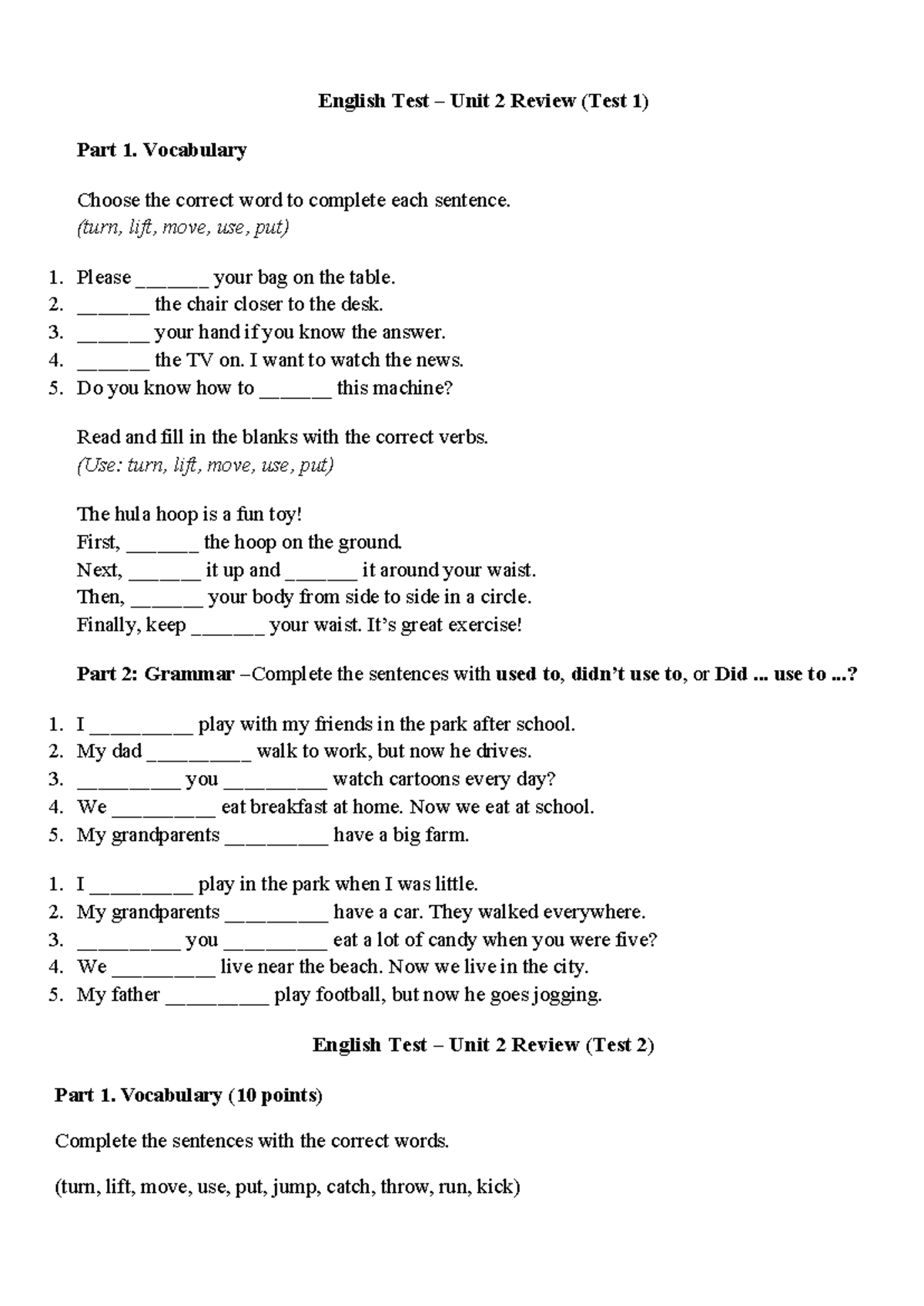 English Test Unit 2 Review (Test 1 & 2) Vocabulary & Grammar - Studocu