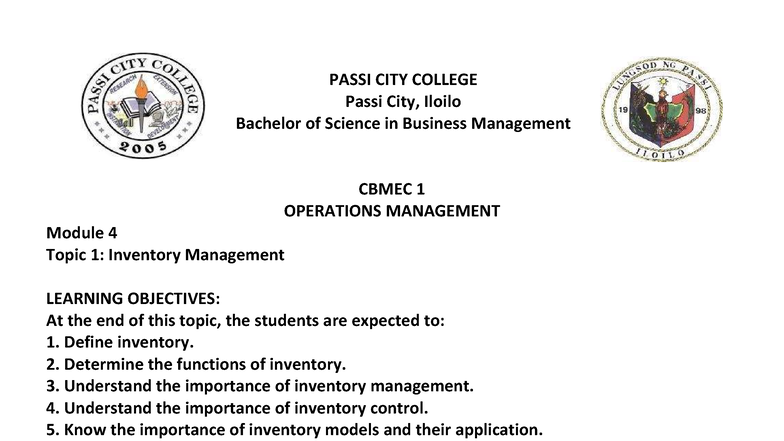 CBMEC 1 OPERATIONS MANAGEMENT: Module 4 - Inventory Management Insights ...