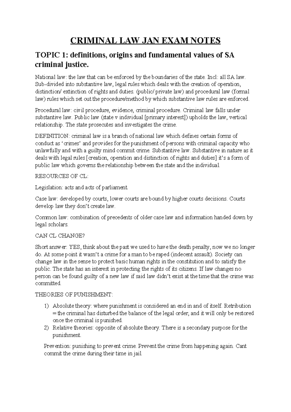 CRIMINAL LAW 101 JAN FINAL EXAM NOTES: Key Concepts & Definitions - Studocu