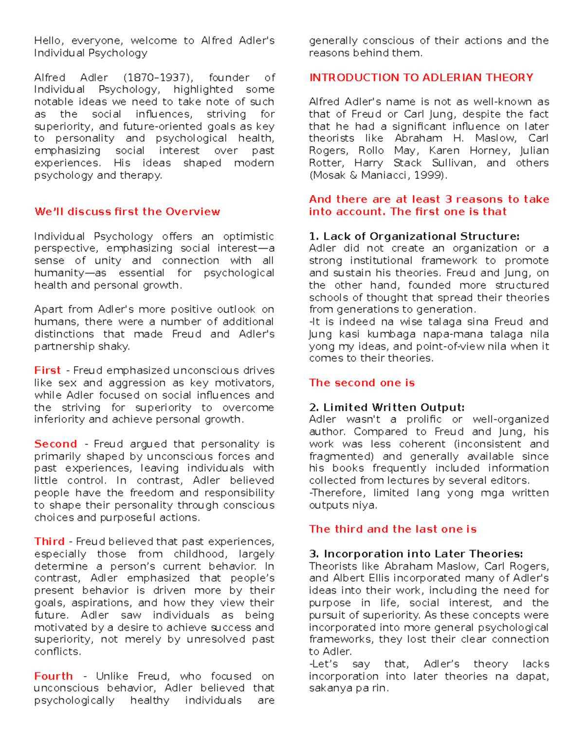 Adler Final Script - Hello, everyone, welcome to Alfred Adler's ...