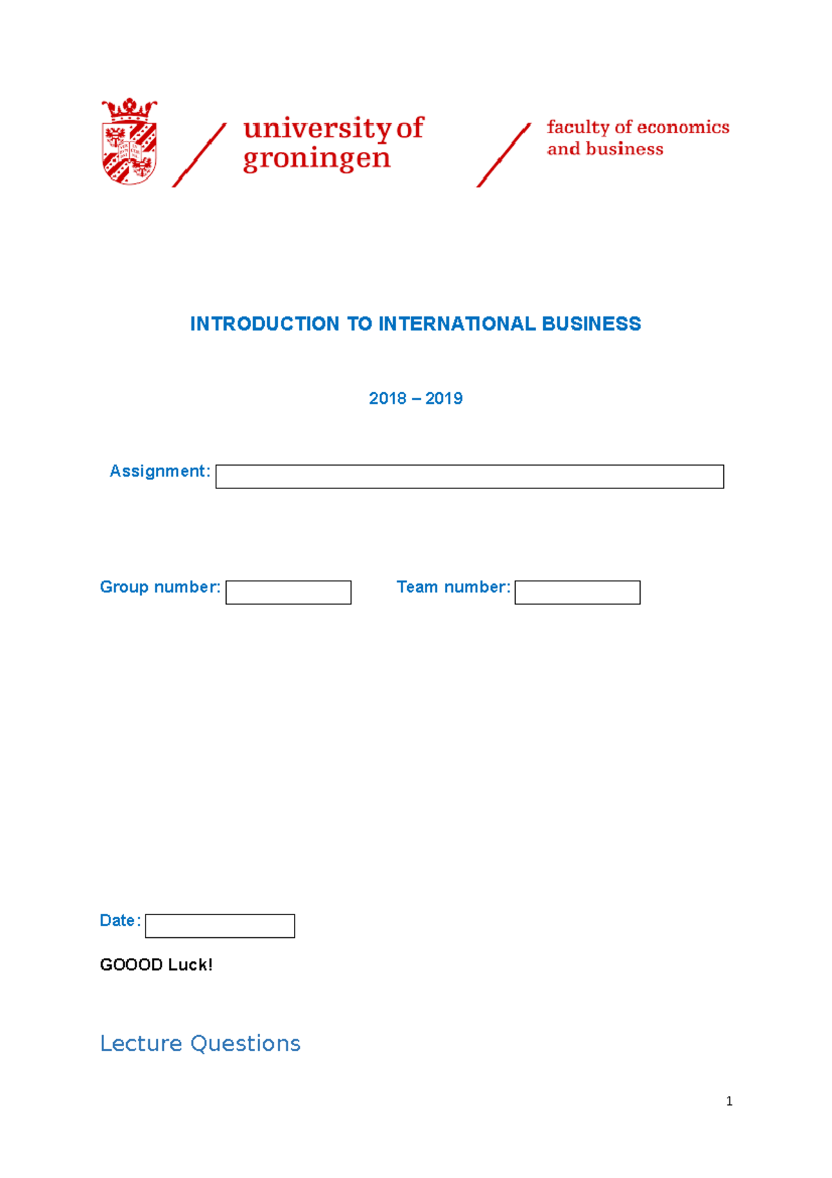 IB 2018-2019 International Business Lecture Tutorial 2 Notes - Studeersnel