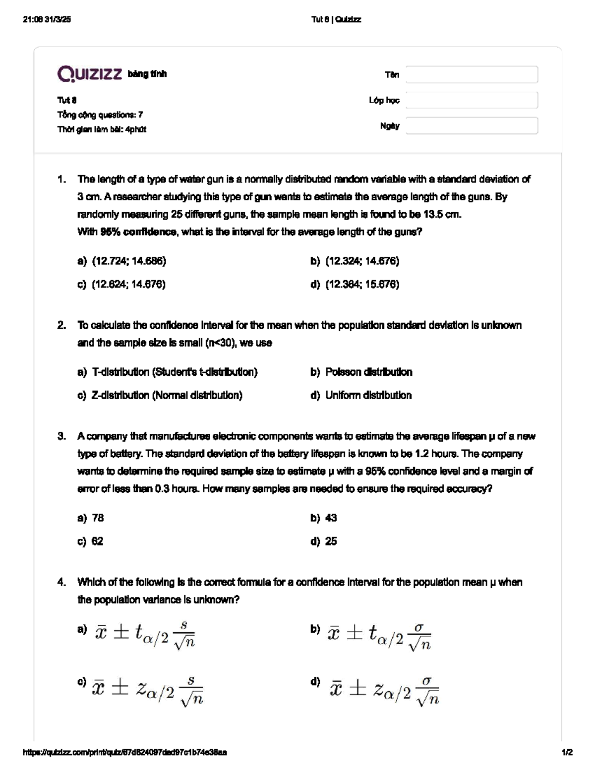 Tut 8 - Quizizz Confidence Intervals & Sample Size Estimation - Studocu