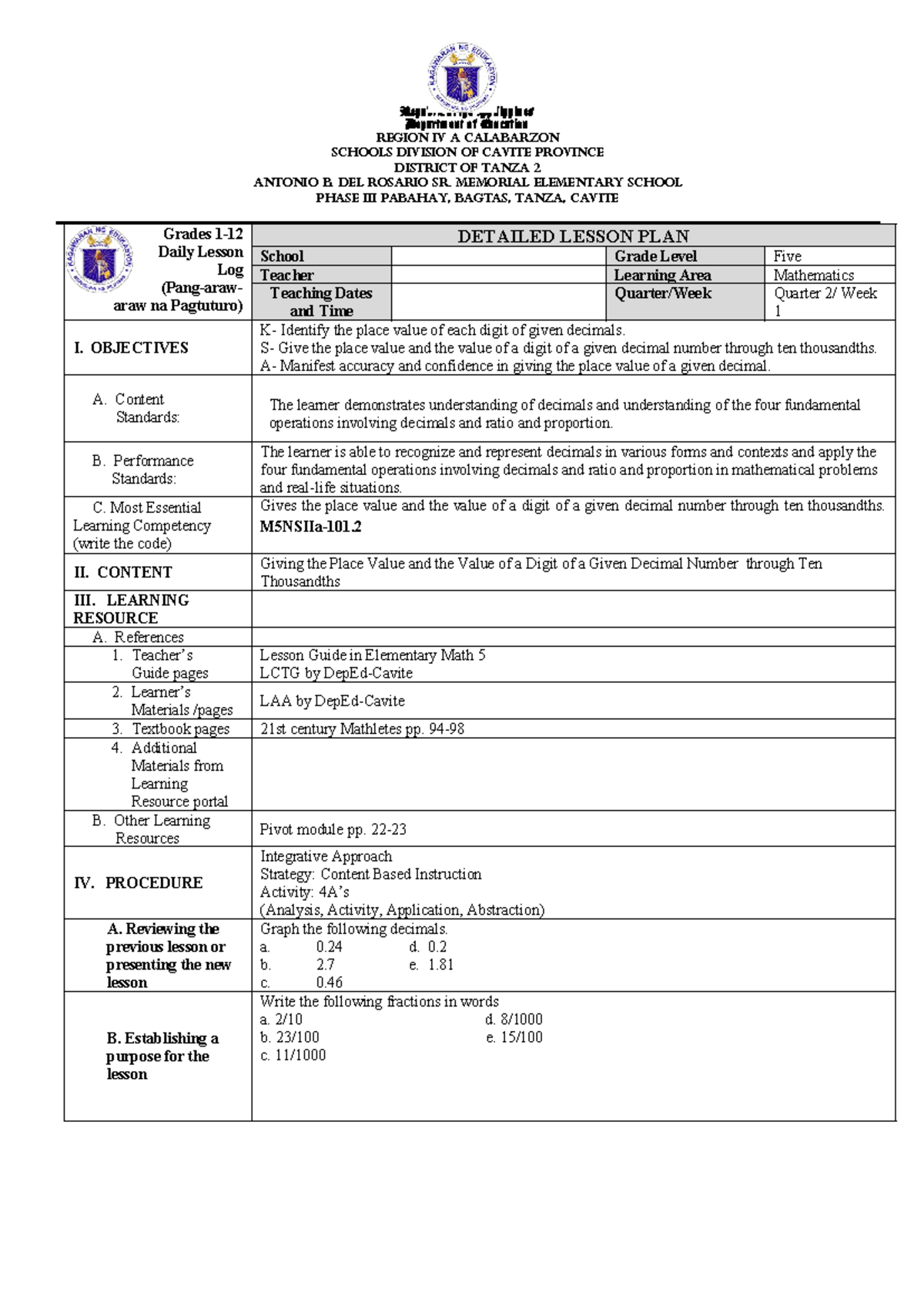Quarter 2 Math 5 Detailed Lesson Plan on Decimals - Studocu
