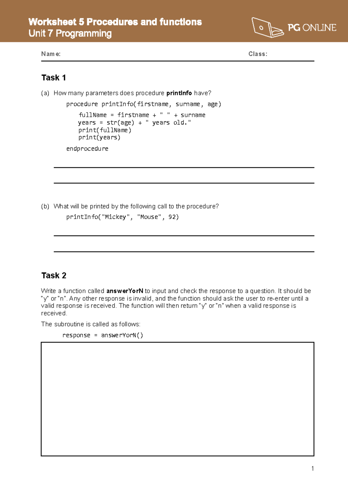 T5 Programming Worksheet 5: Functions and Procedures Tasks - Studocu