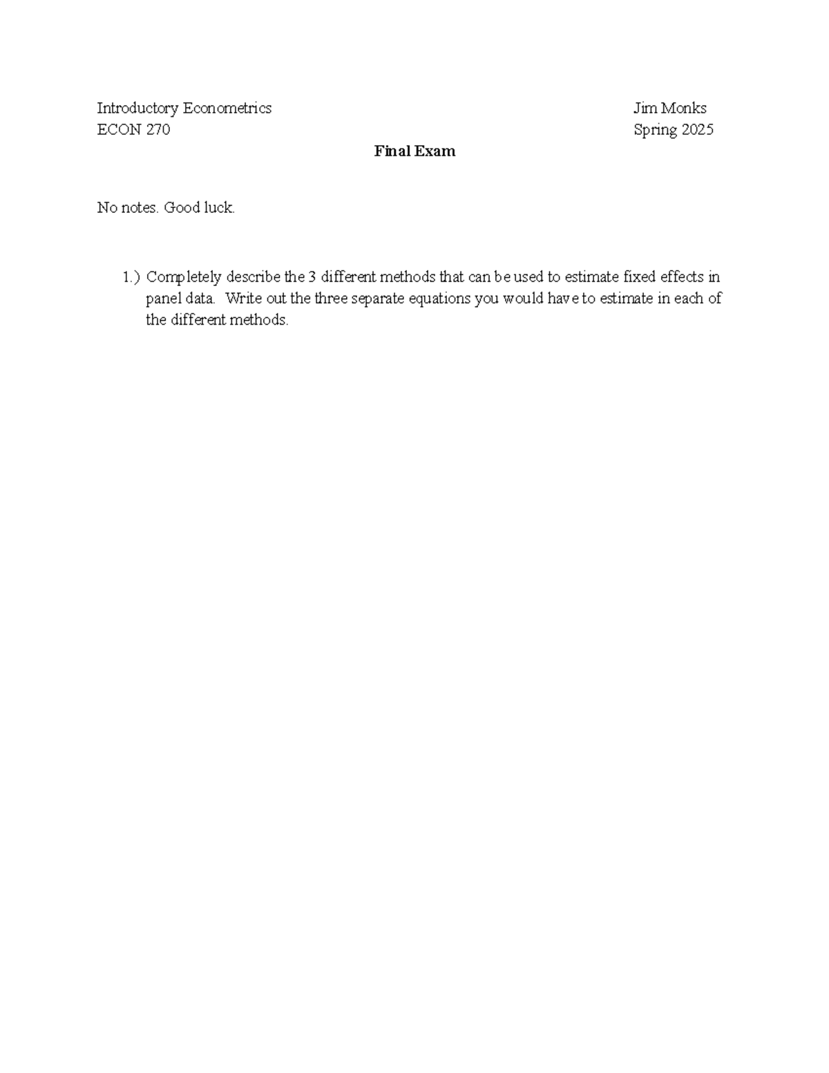 Final Exam Review: Introductory Econometrics ECON 270 S2025 - Studocu