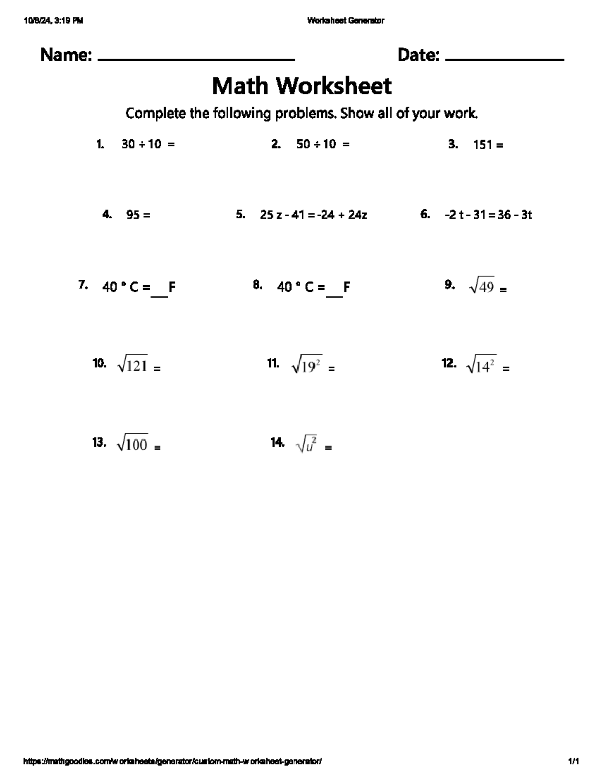 Math Worksheet 10 - Problems to Solve and Show Work - Studocu