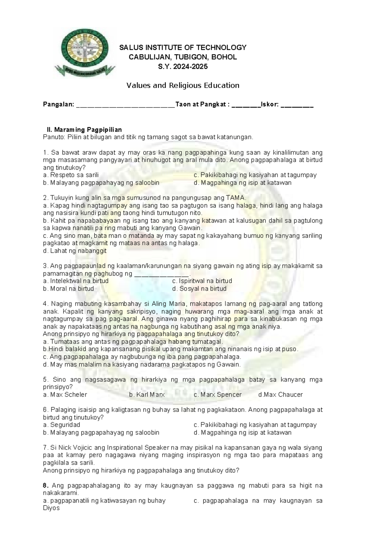 4th Quarter Exam in Values 7: Religious Education Insights - Studocu