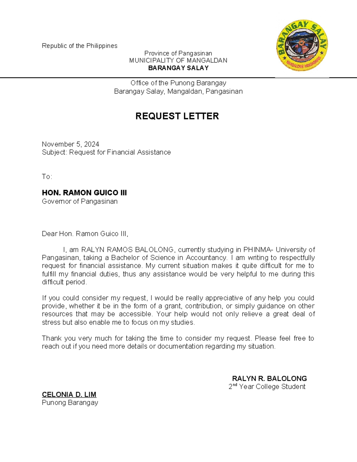 Request for Financial Assistance - Ralyn R. Balolong, 2nd Year College ...