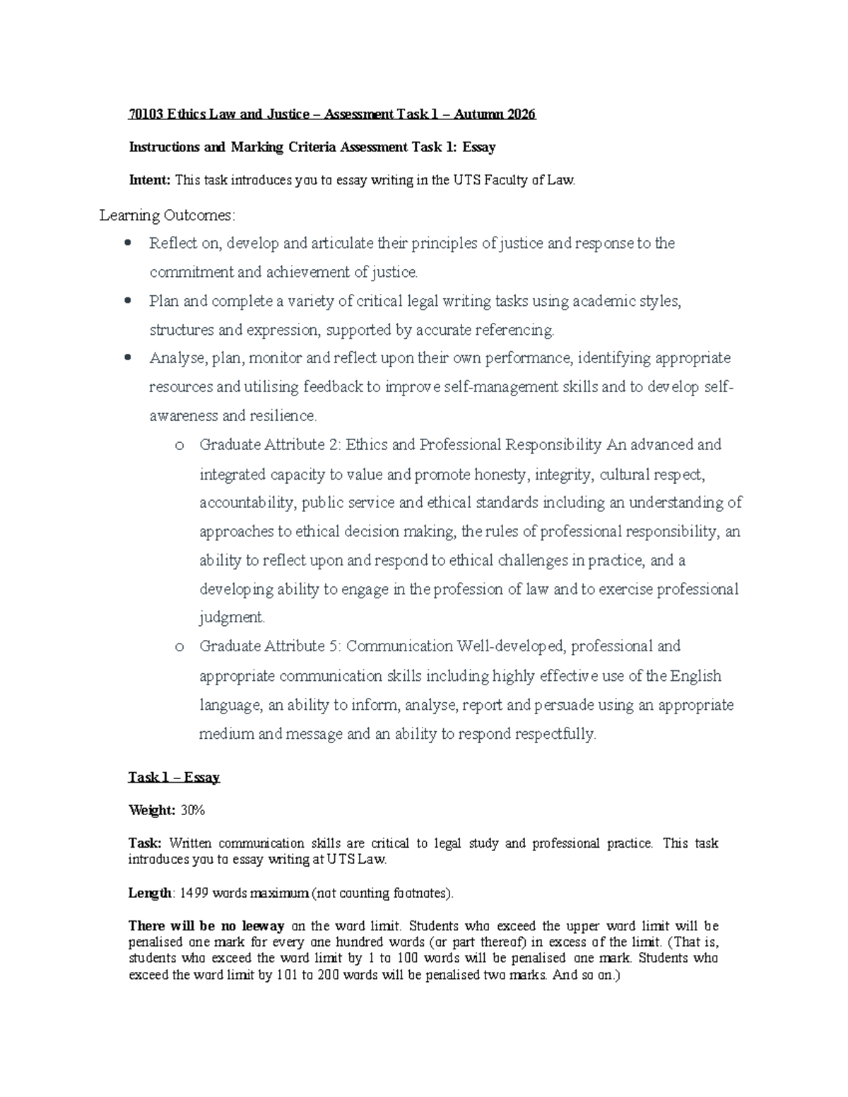 70103 Ethics Law and Justice Essay Task 1 Outline Autumn 2026 - Studocu