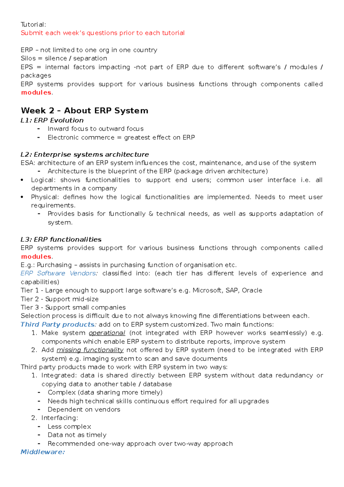MGMT3335 Tutorial Notes: ERP Systems & Implementation Strategies - Studocu