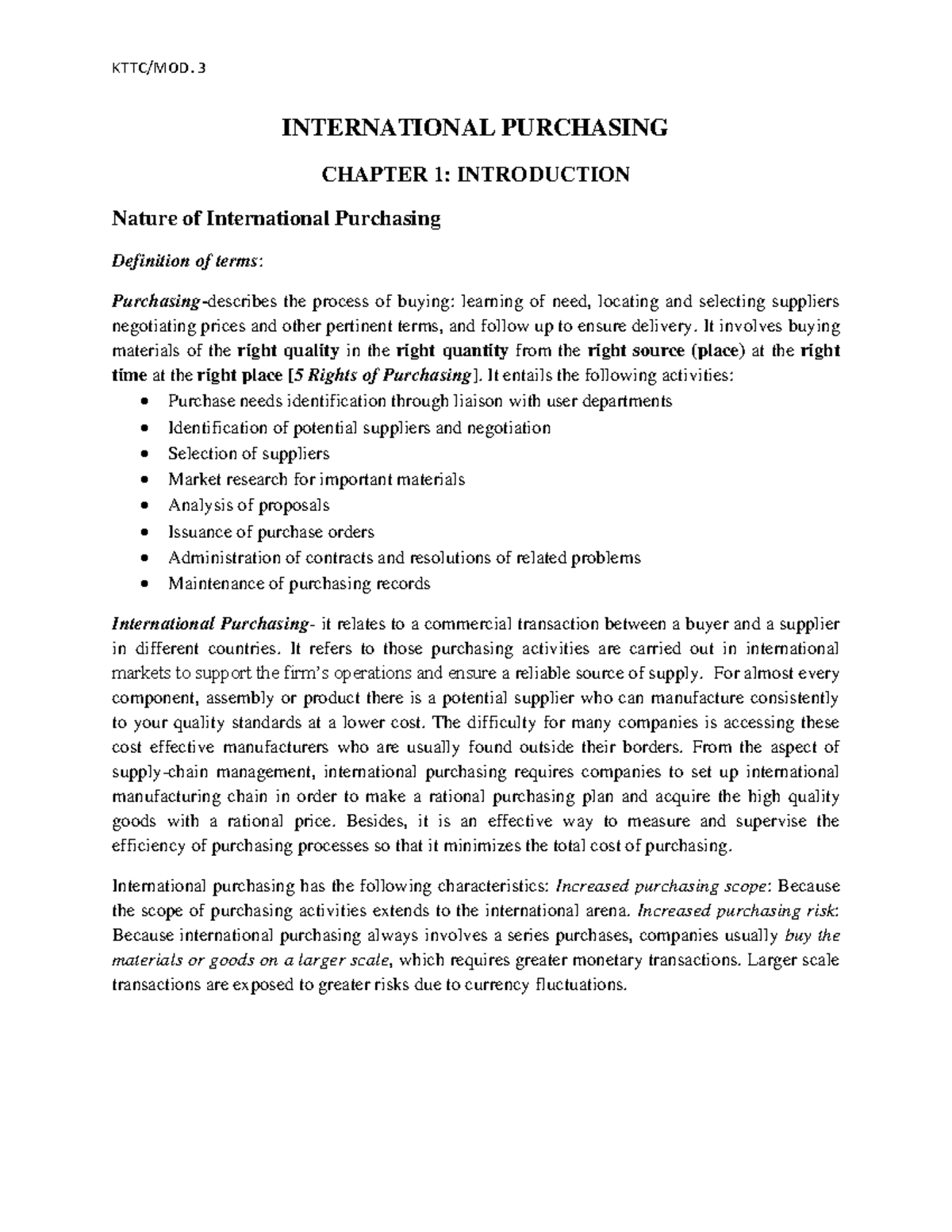 INTERNATIONAL PURCHASING CHAPTER 1: INTRODUCTION NOTES (IP) - Studocu