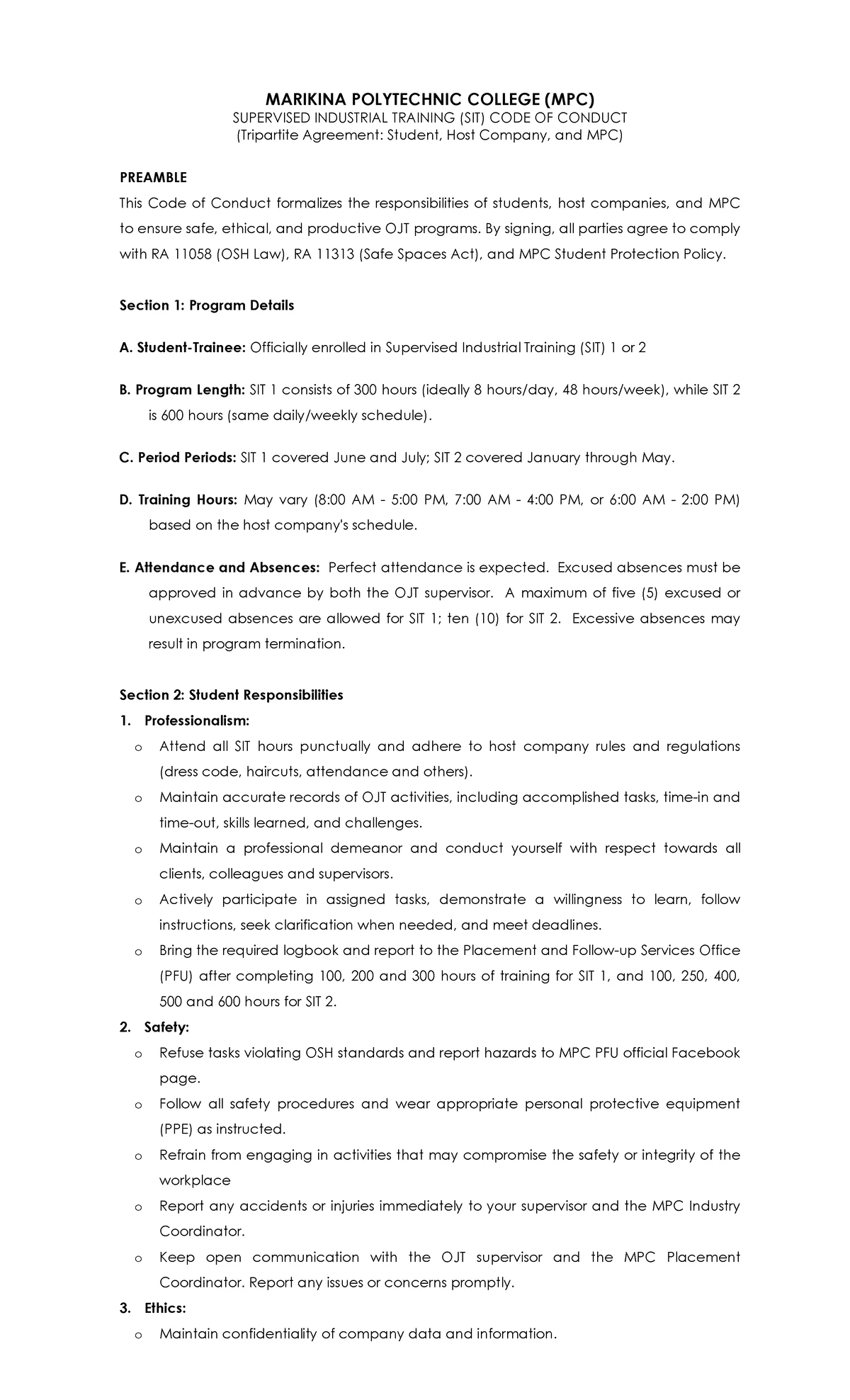 SIT Assessment Form - MPC.PFU.F.003 for Student Profile Evaluation ...