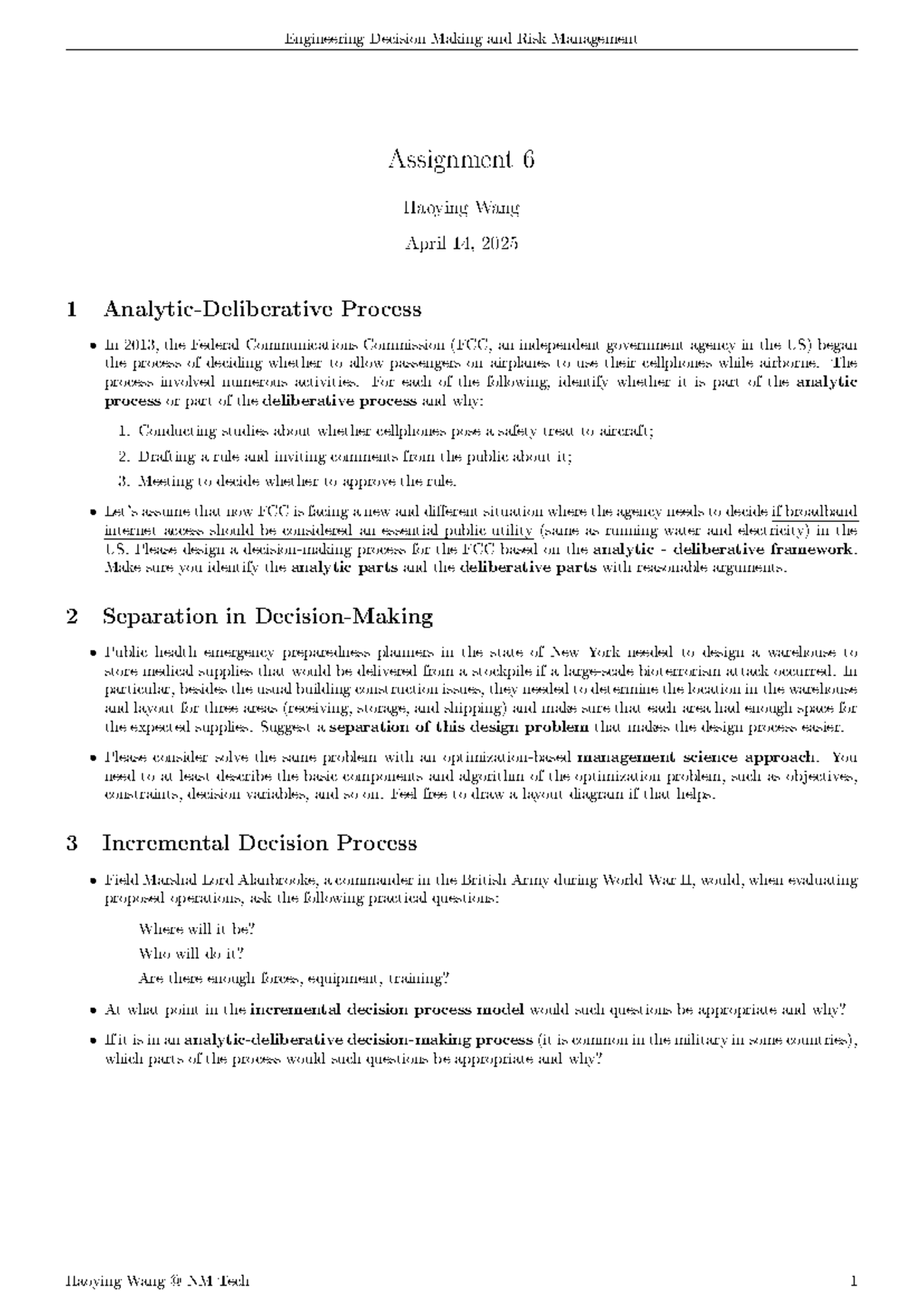 Engineering Decision Making & Risk Management: Assignment 6 Analysis ...