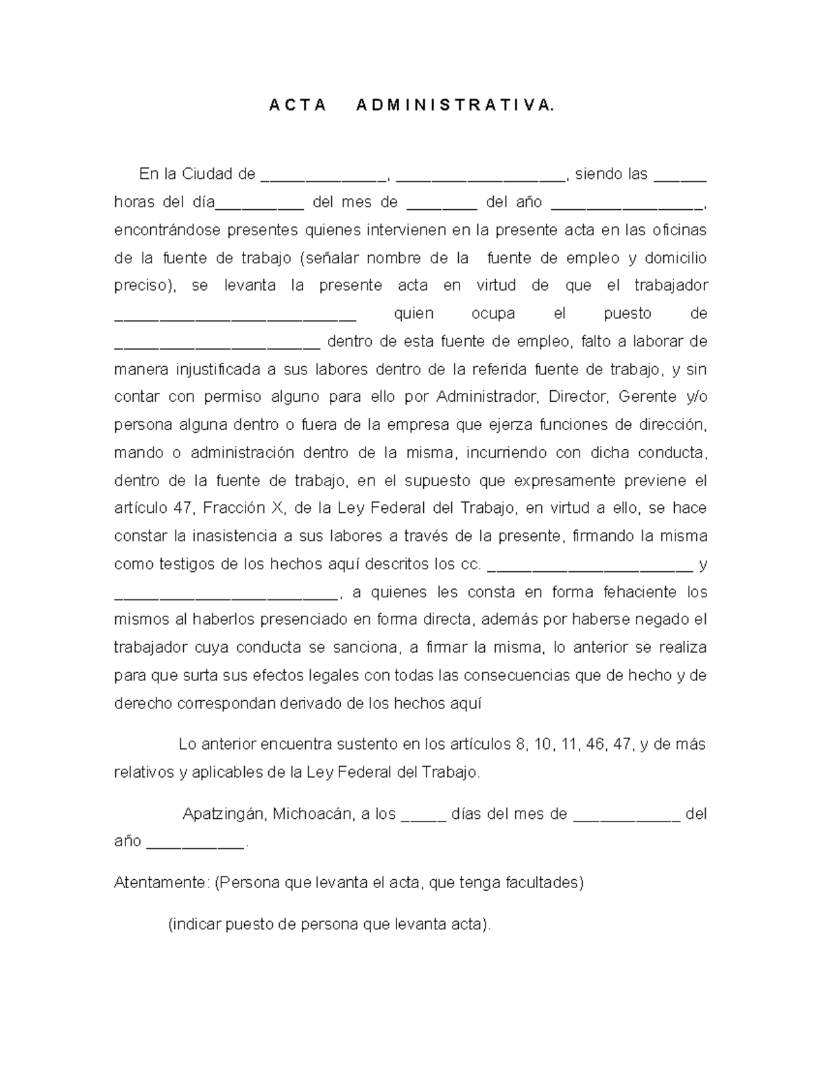 Formato de Acta Administrativa por Inasistencia Laboral - Studocu