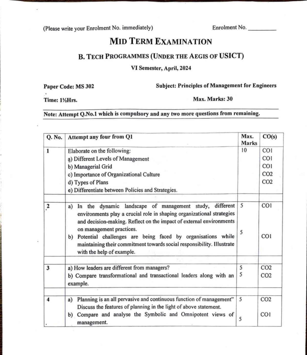 B. Tech MS 302 Mid Term Exam: Principles of Management (April 2024 ...