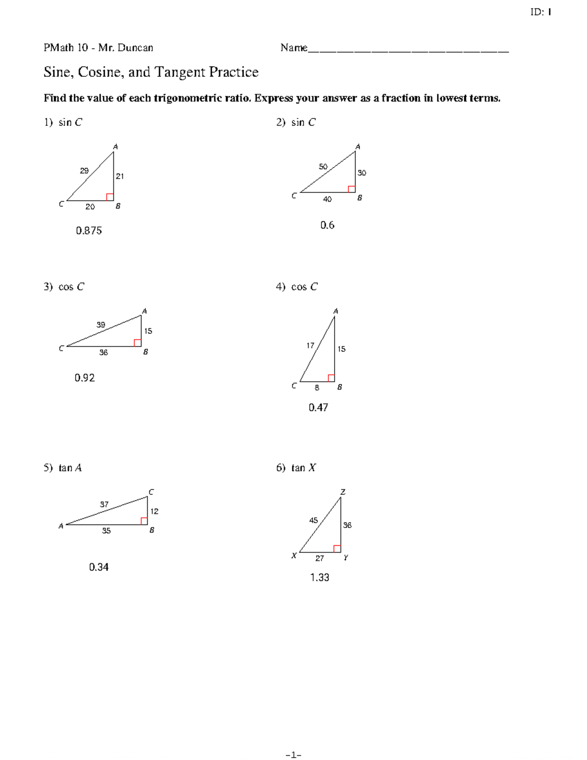 PMath 10: Sine, Cosine, and Tangent Practice Worksheet - Studocu