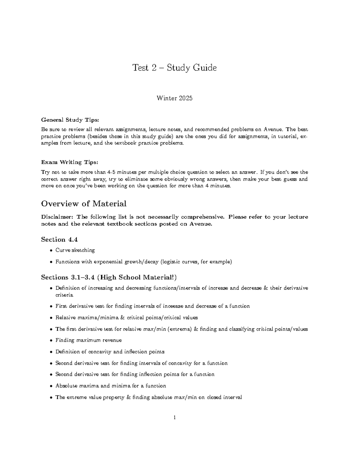 Test 2 Study Guide MATH 101: Key Concepts and Exam Strategies - Studocu