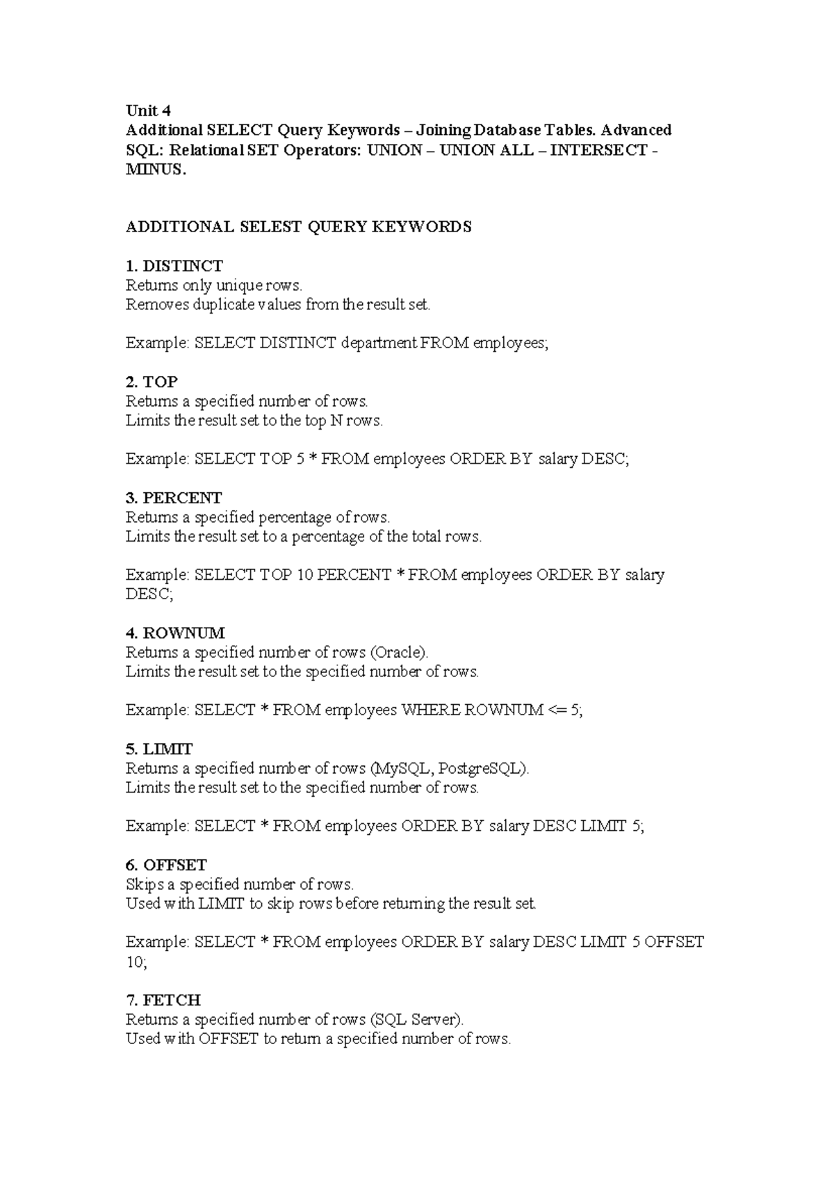 Unit 4 RDBMS Part 2: Advanced SQL SELECT Queries & Joins - Studocu