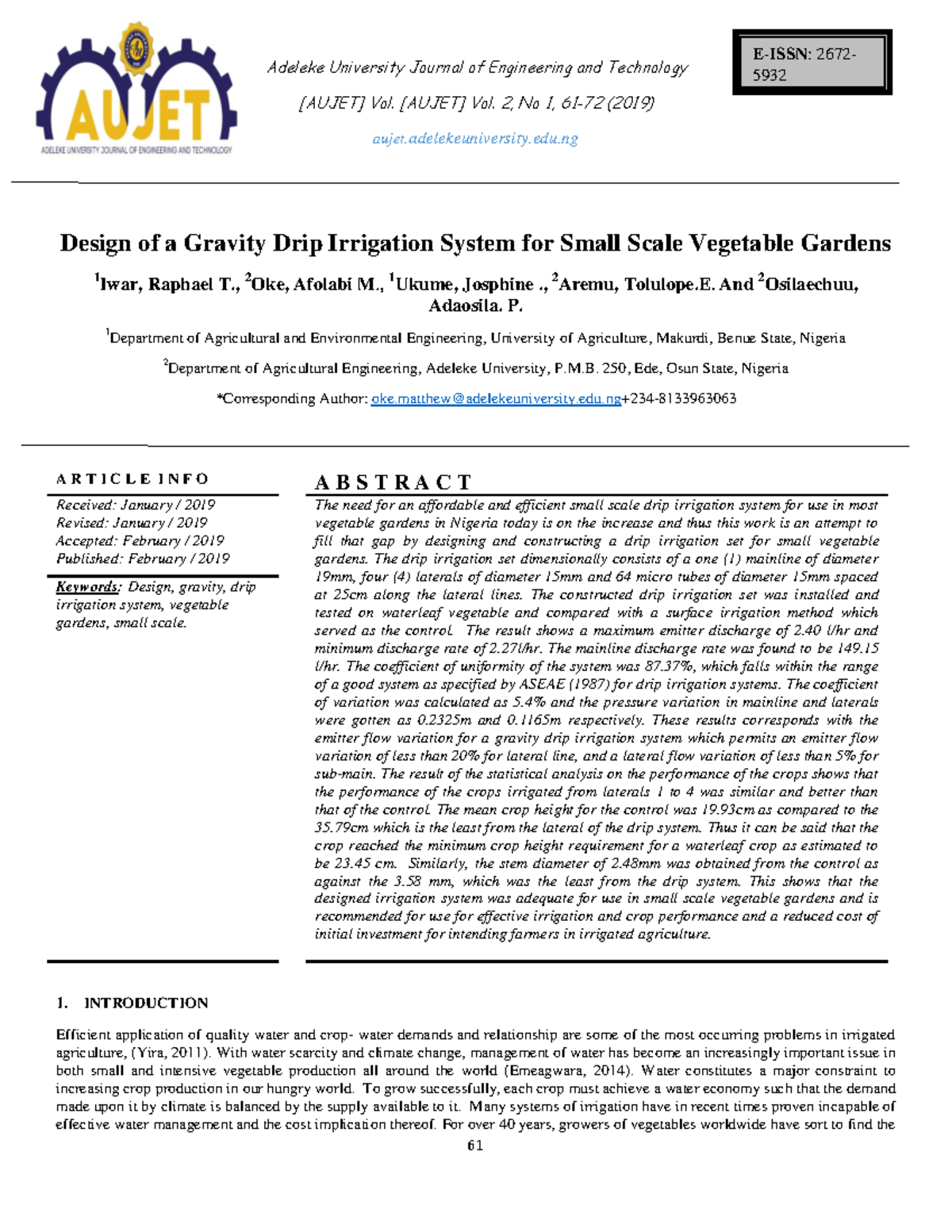 Design and Performance Evaluation of a Gravity Drip Irrigation System ...