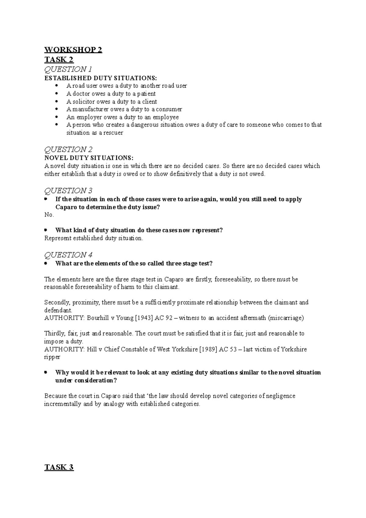 TORT WS2 - TORT LAW WORKSHOP - WORKSHOP 2 TASK 2 QUESTION 1 ESTABLISHED ...