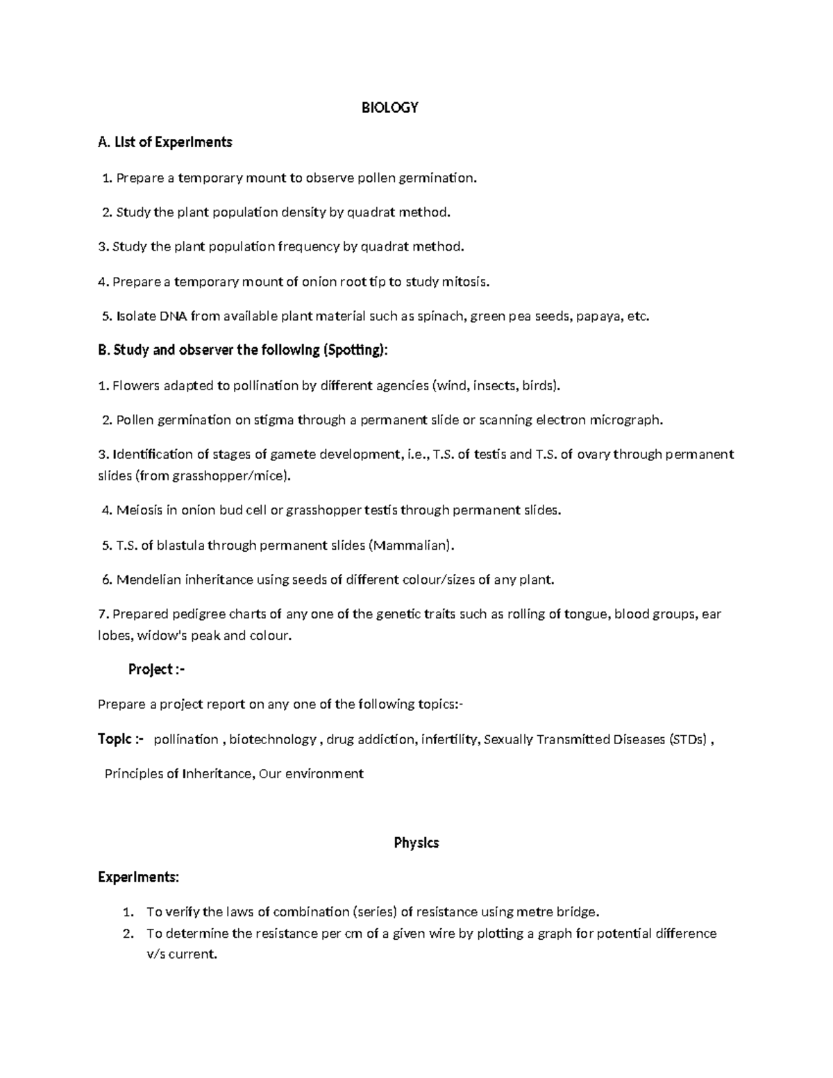 Bio practical 12 - Fctxtxt - BIOLOGY A. List of Experiments 1. Prepare ...