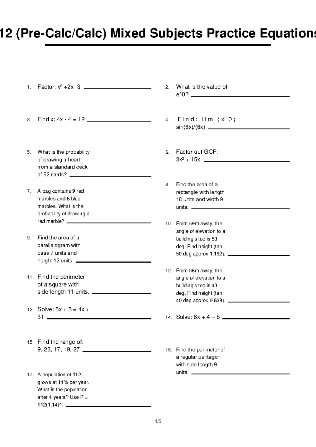 Calc) Mixed Subjects Practice Equations: Comprehensive Review 1 - Studocu