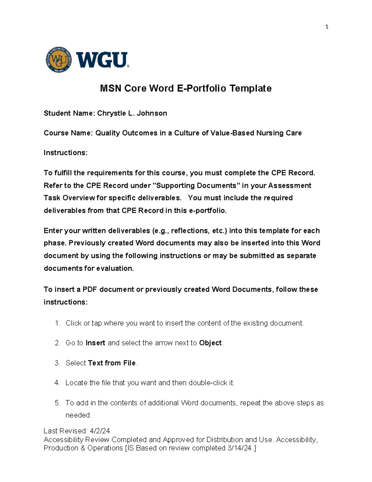 MSN D026 E-Portfolio for Quality Outcomes in Value-Based Nursing Care ...