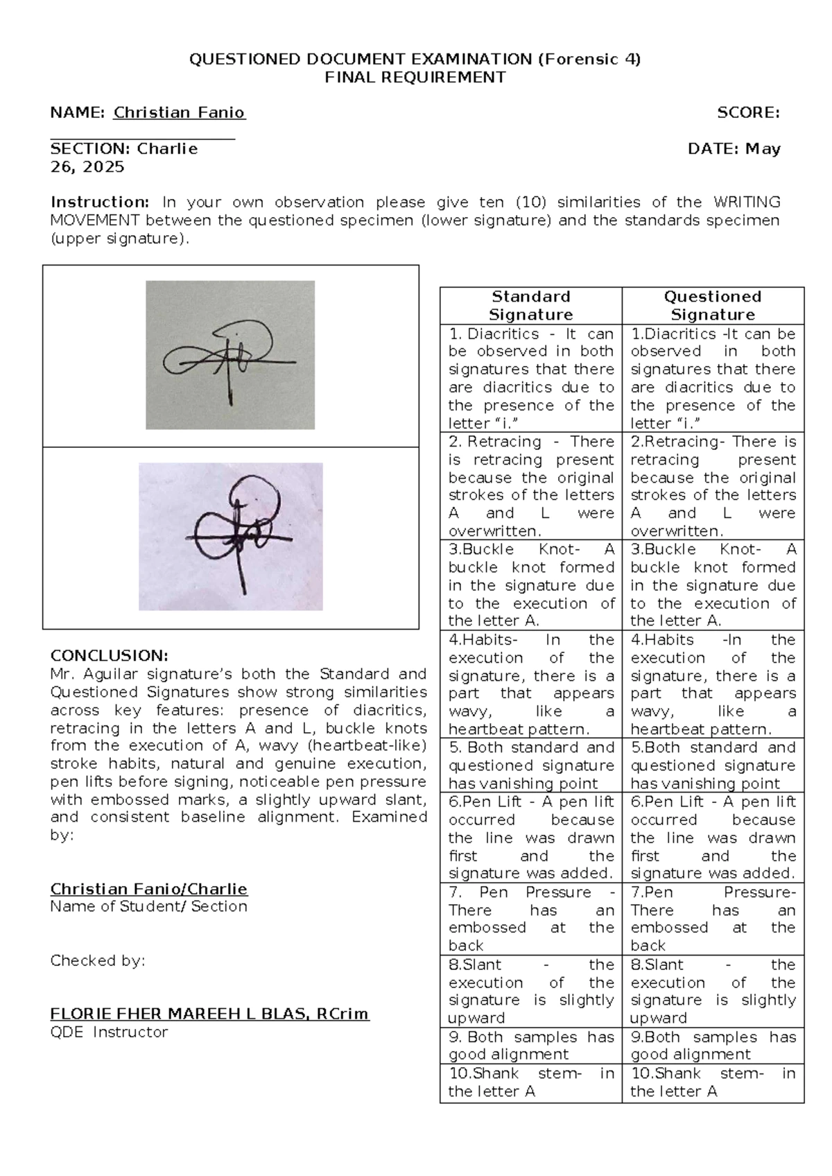 Forensic 4: Final Requirement on Questioned Document Examination - Studocu