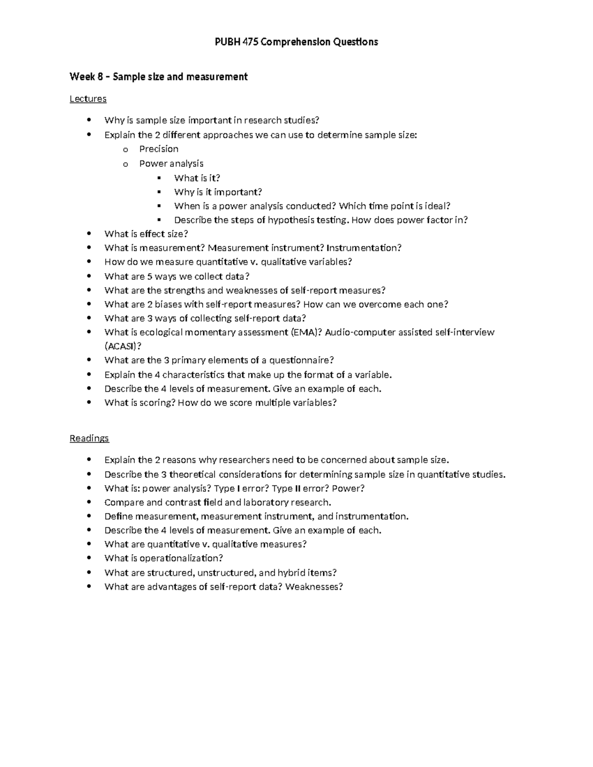 PUBH 475 Week 8 Lecture Notes: Sample Size & Measurement Insights - Studocu