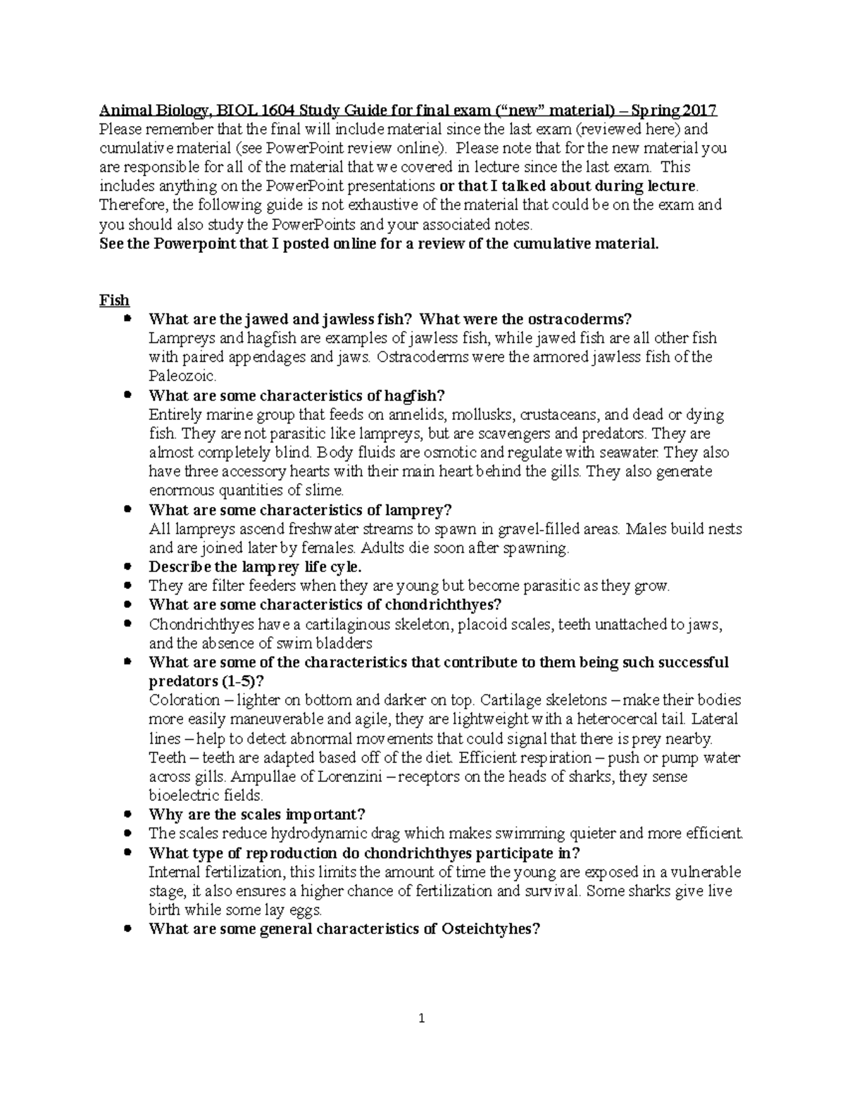 Animal Biology BIOL 1604 Final Exam Study Guide - Spring 2017 - Studocu
