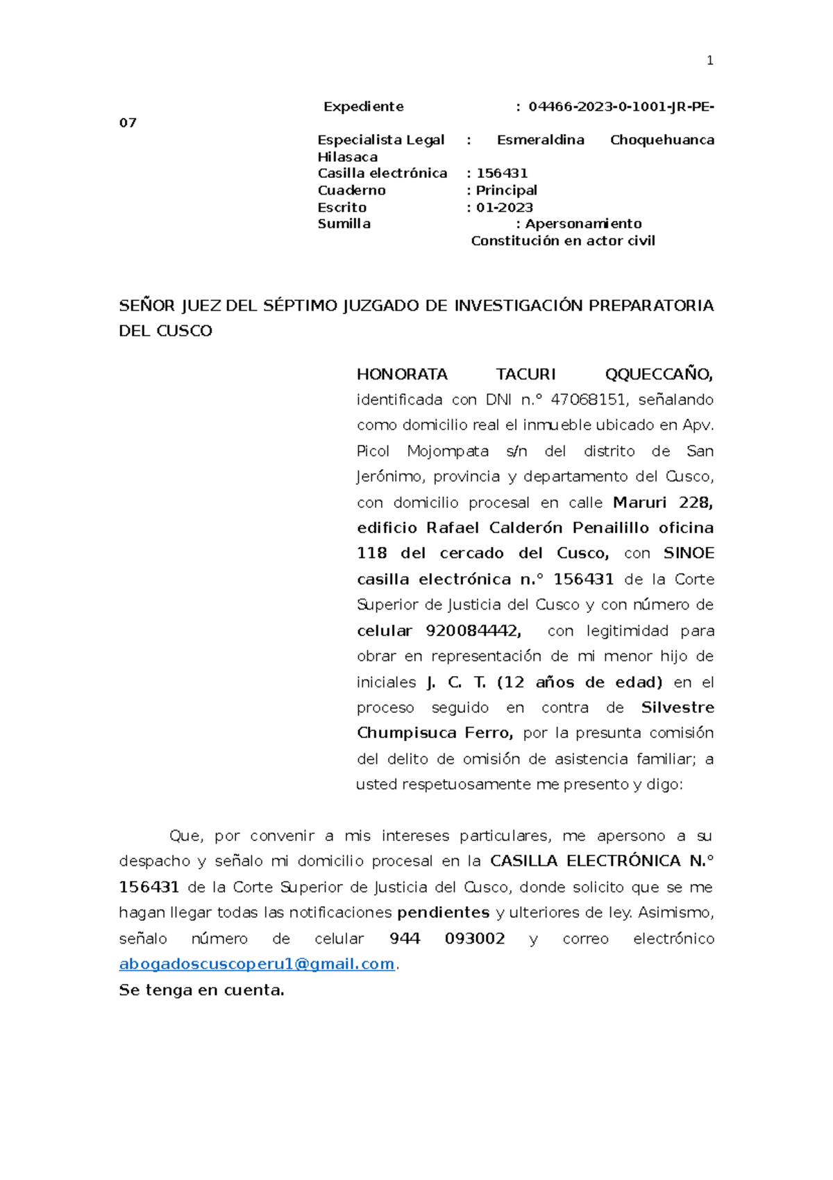Constitución de Actor Civil por Omisión de Asistencia Familiar - Exp. 04466-2023-0-1001 - Document Preview