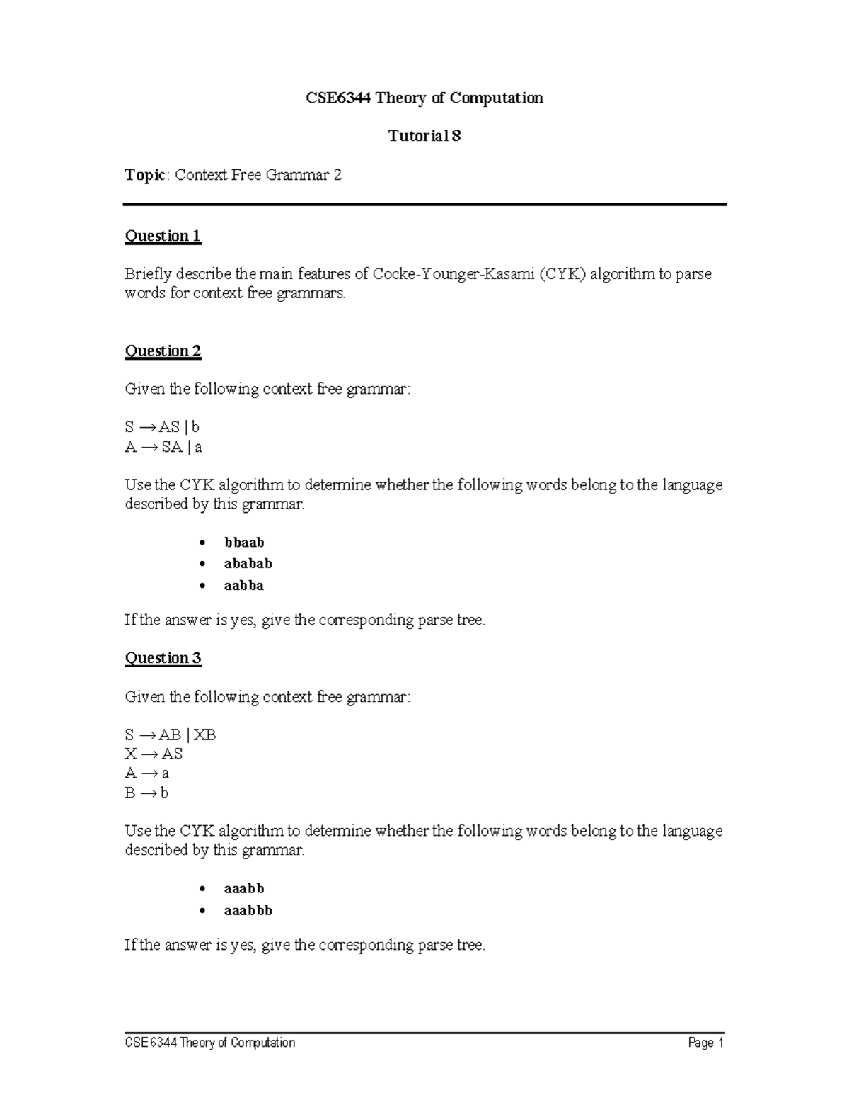CSE6344 Tutorial 08: CYK Algorithm for Context Free Grammars - Studocu